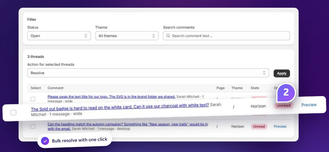 The Proofmark threads list in the Shopify admin, with filters, bulk resolve and unread markers