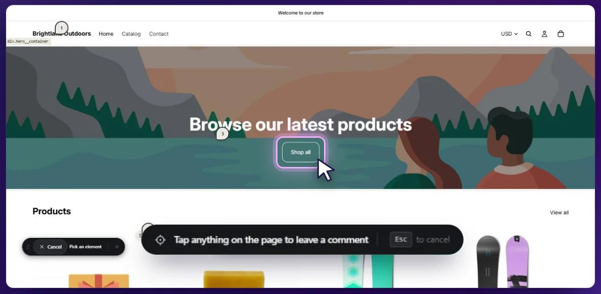 A Shopify theme preview in comment mode, with the Shop all button highlighted and a prompt to tap anything on the page