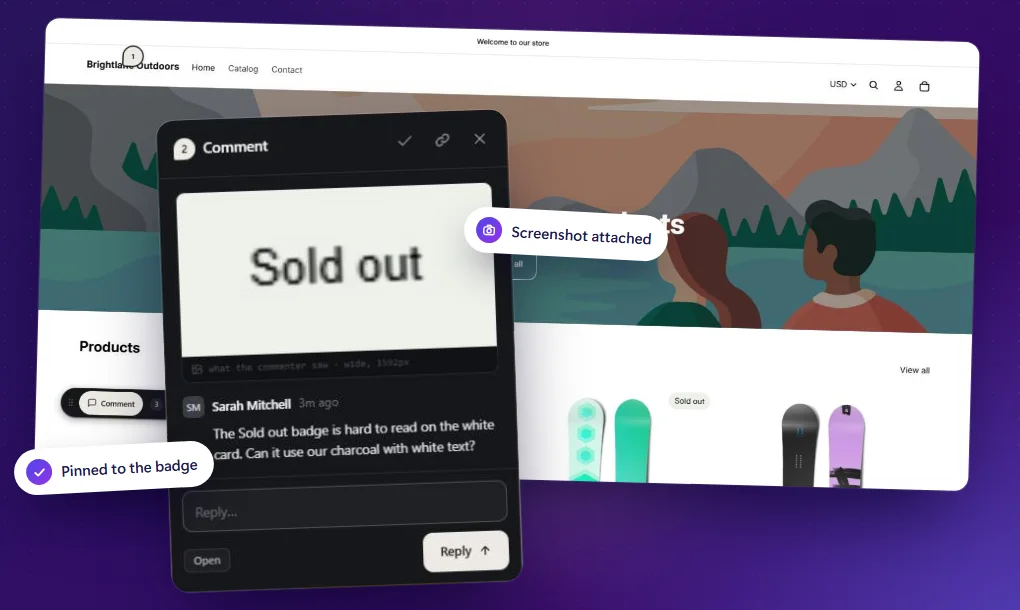 A comment window on a Shopify storefront preview, pinned to a product badge, with the screenshot it captured