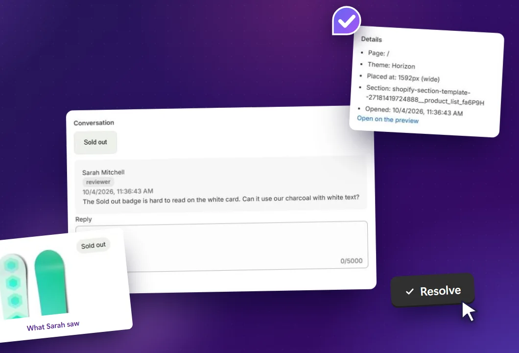 A Proofmark thread in the Shopify admin: the client's comment, the screenshot of what they saw, and details of the page, theme and screen width